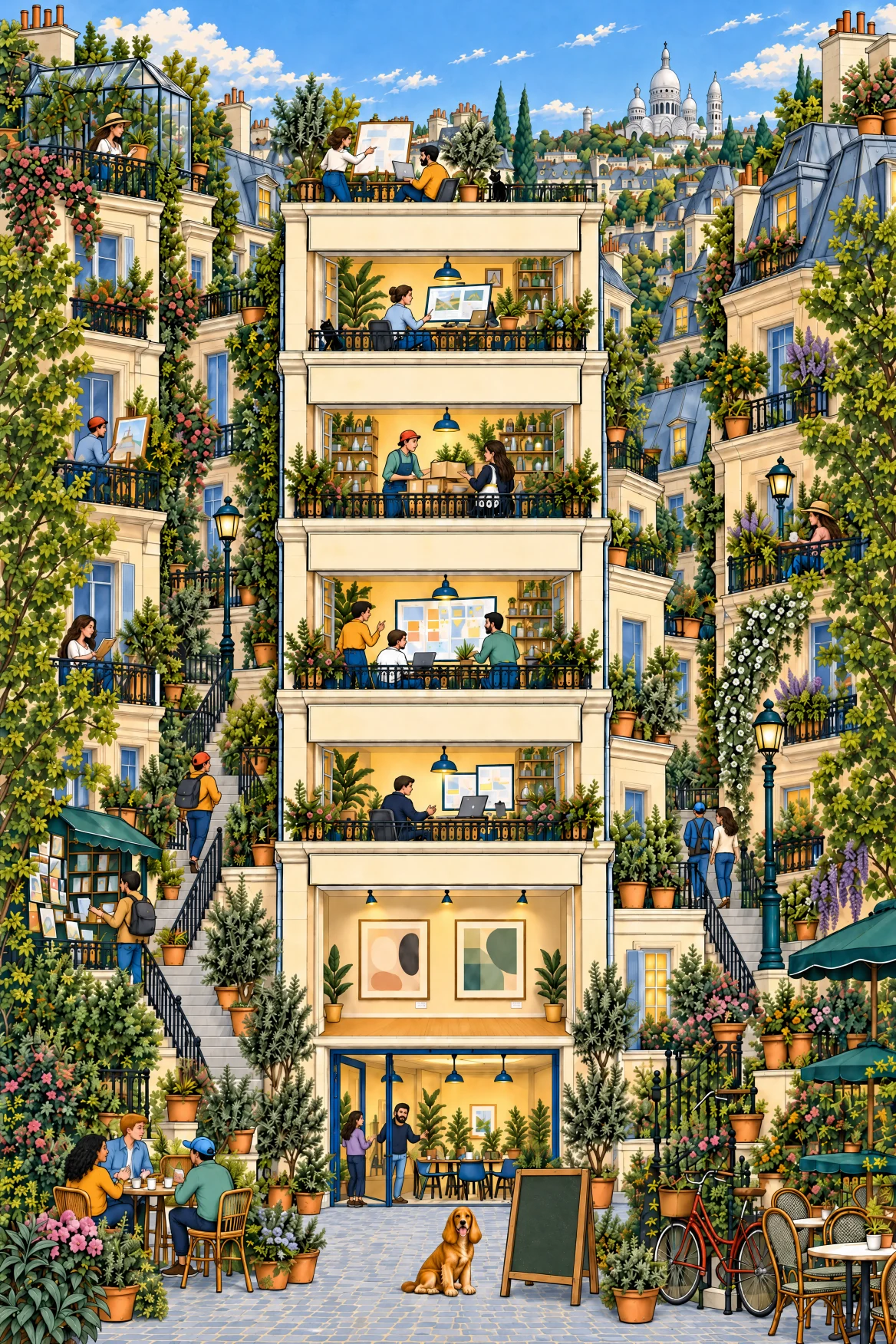 Une maison parisienne illustrée, ses ateliers ouverts, sa galerie de réalisations, ses terrasses arborées et un cocker feu et blond devant le studio.